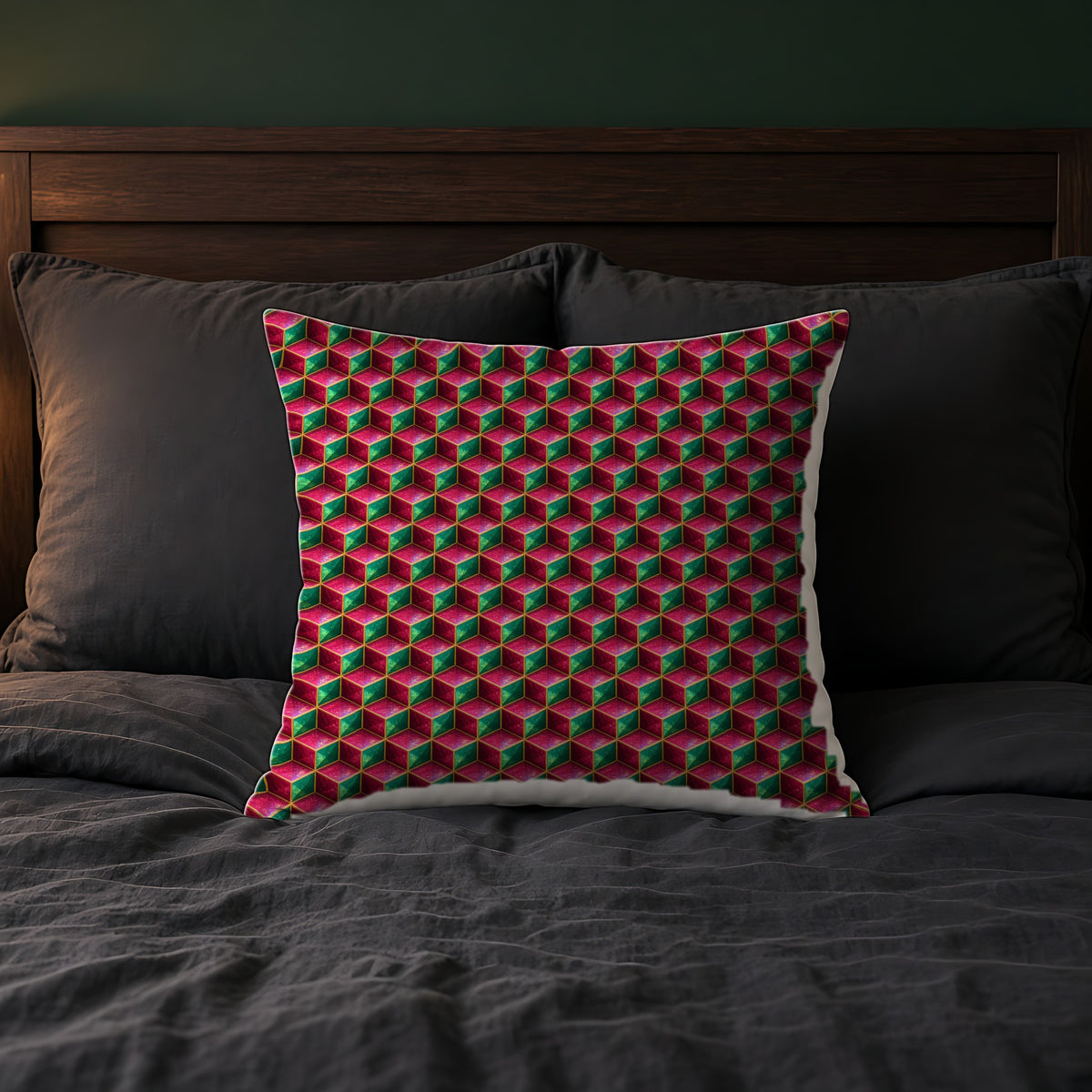 Faceted Cube Illusion Faux Suede Cushion on a bed with charcoal bedding
