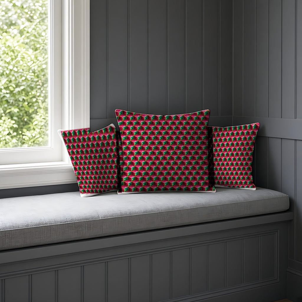 Faceted Cube Illusion Faux Suede Cushion on a window seat
