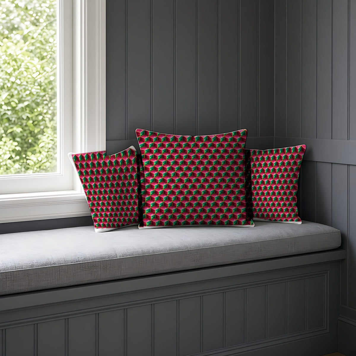 Faceted Cube Illusion Faux Suede Cushion on a window seat