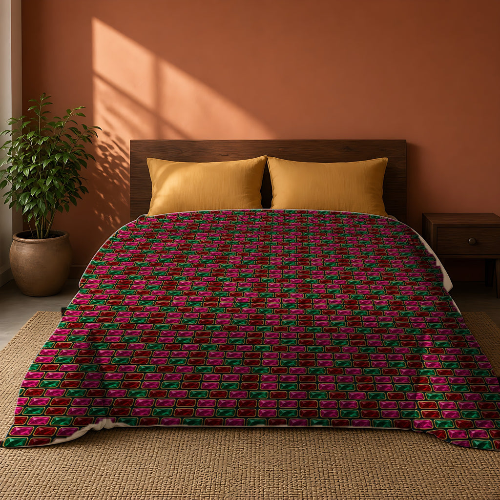 Stacked Gem Bars Comforter on a king bed against a warm terracotta wall