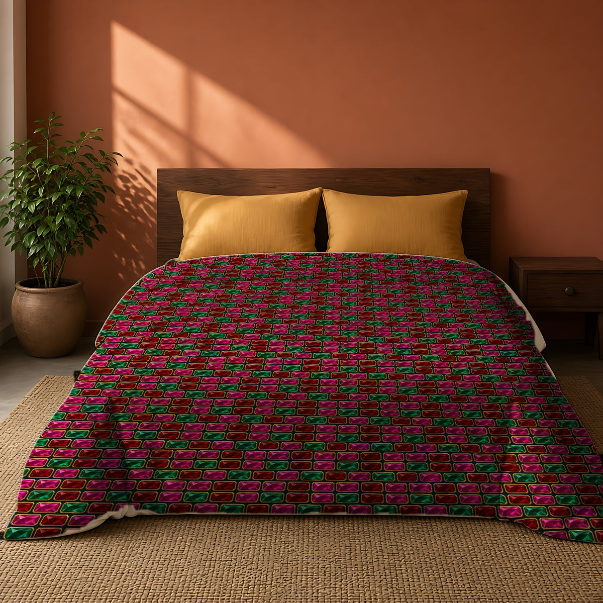 Stacked Gem Bars Comforter on a king bed against a warm terracotta wall