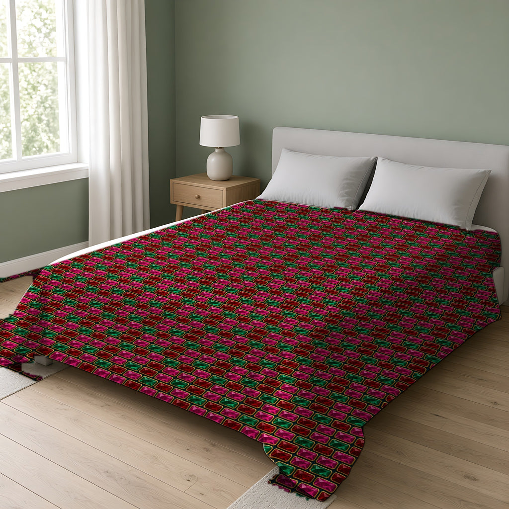 Stacked Gem Bars Comforter on a double bed in a bright sage-green bedroom