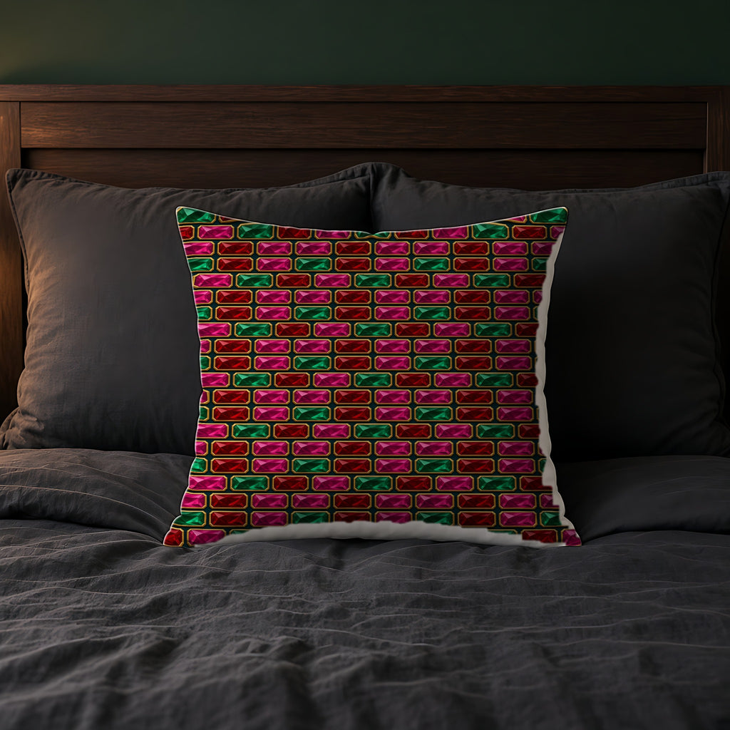 Stacked Gem Bars Faux Suede Cushion on a bed with charcoal bedding
