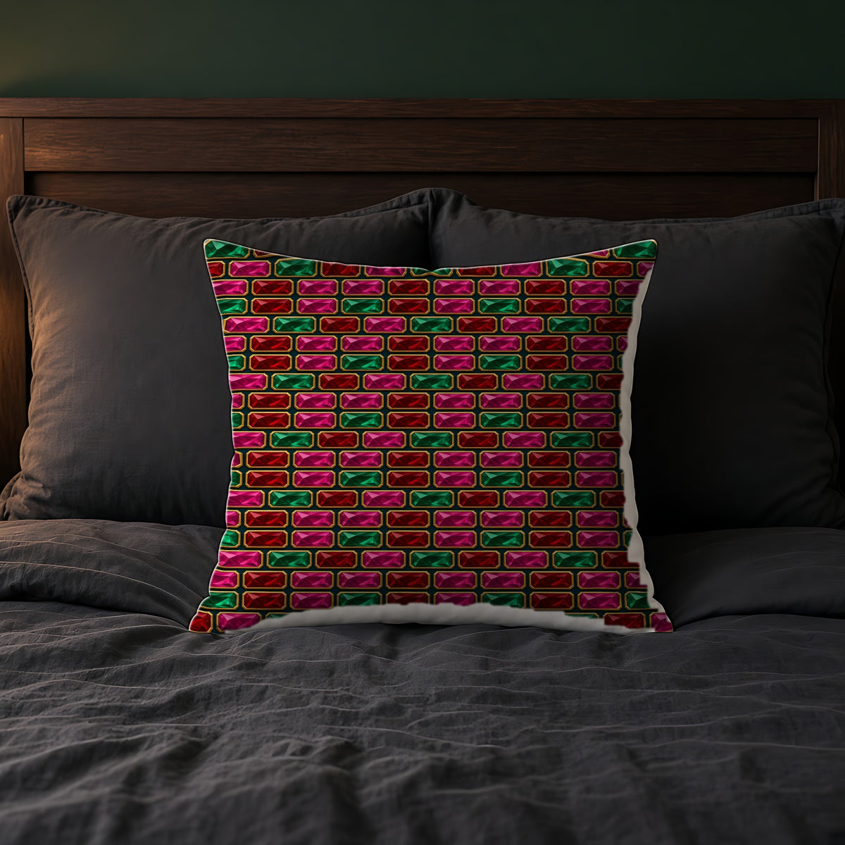 Stacked Gem Bars Faux Suede Cushion on a bed with charcoal bedding