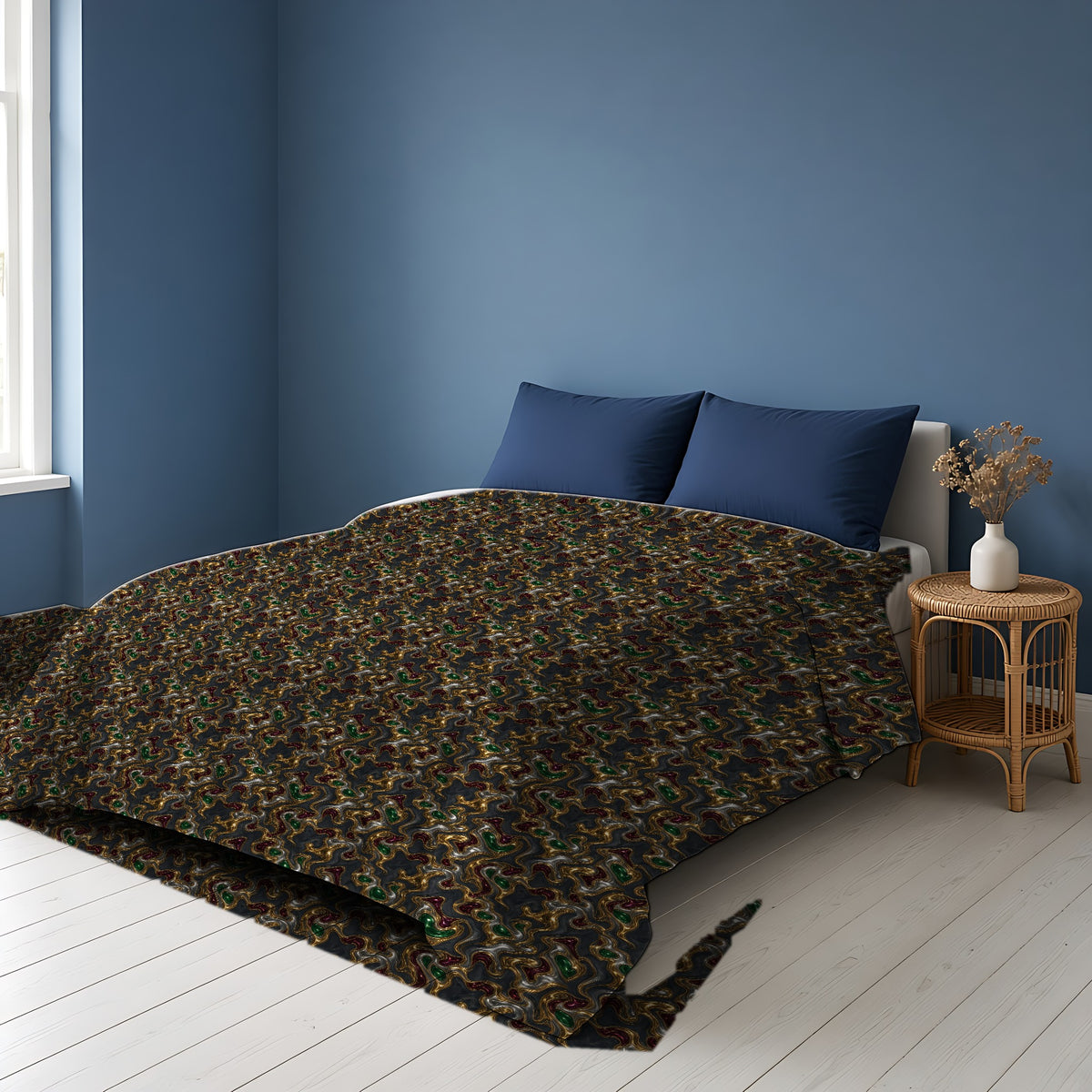 Gold Silver Ripples Comforter on a bed in a Scandinavian blue bedroom