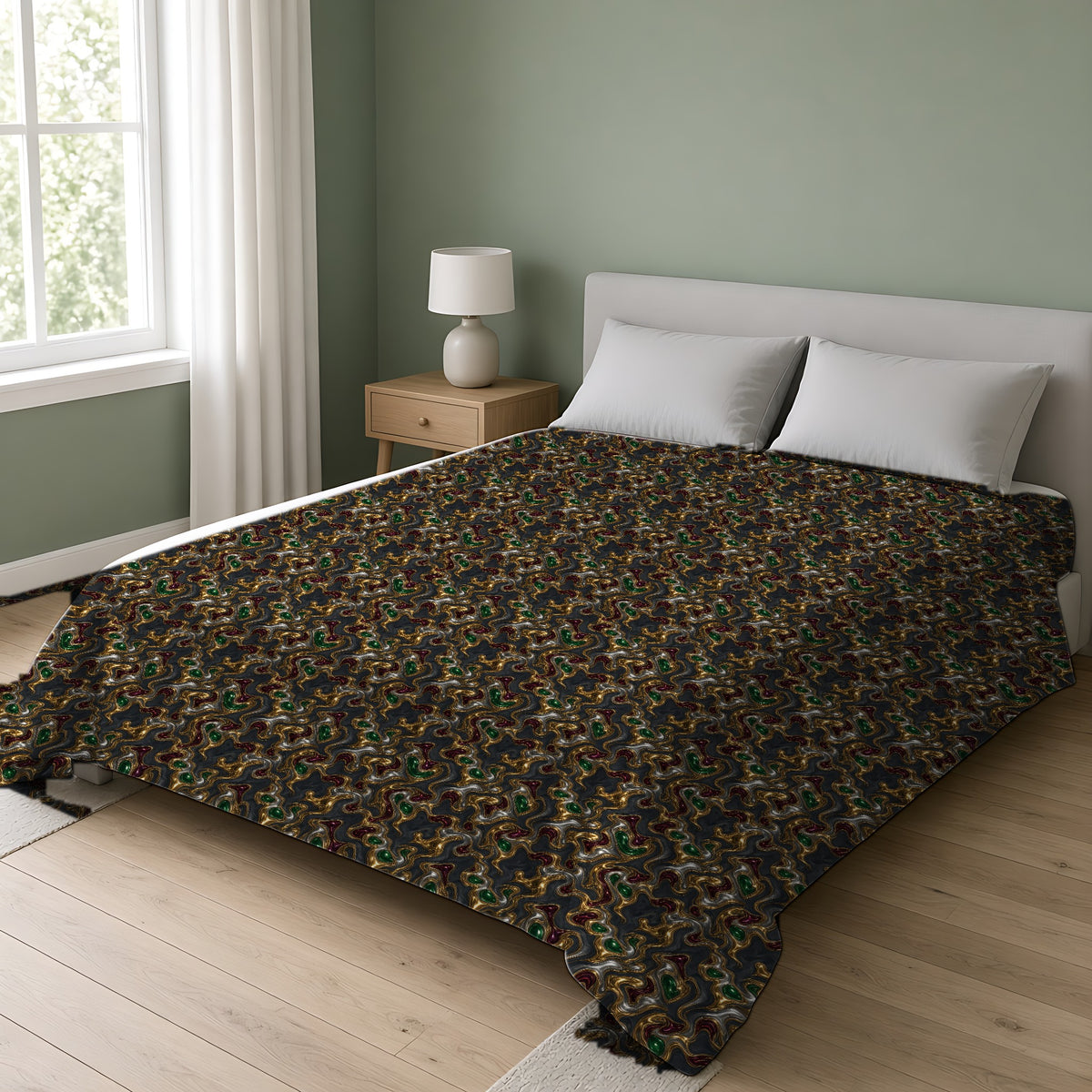 Gold Silver Ripples Cotton Duvet Cover on a double bed in a bright sage-green bedroom