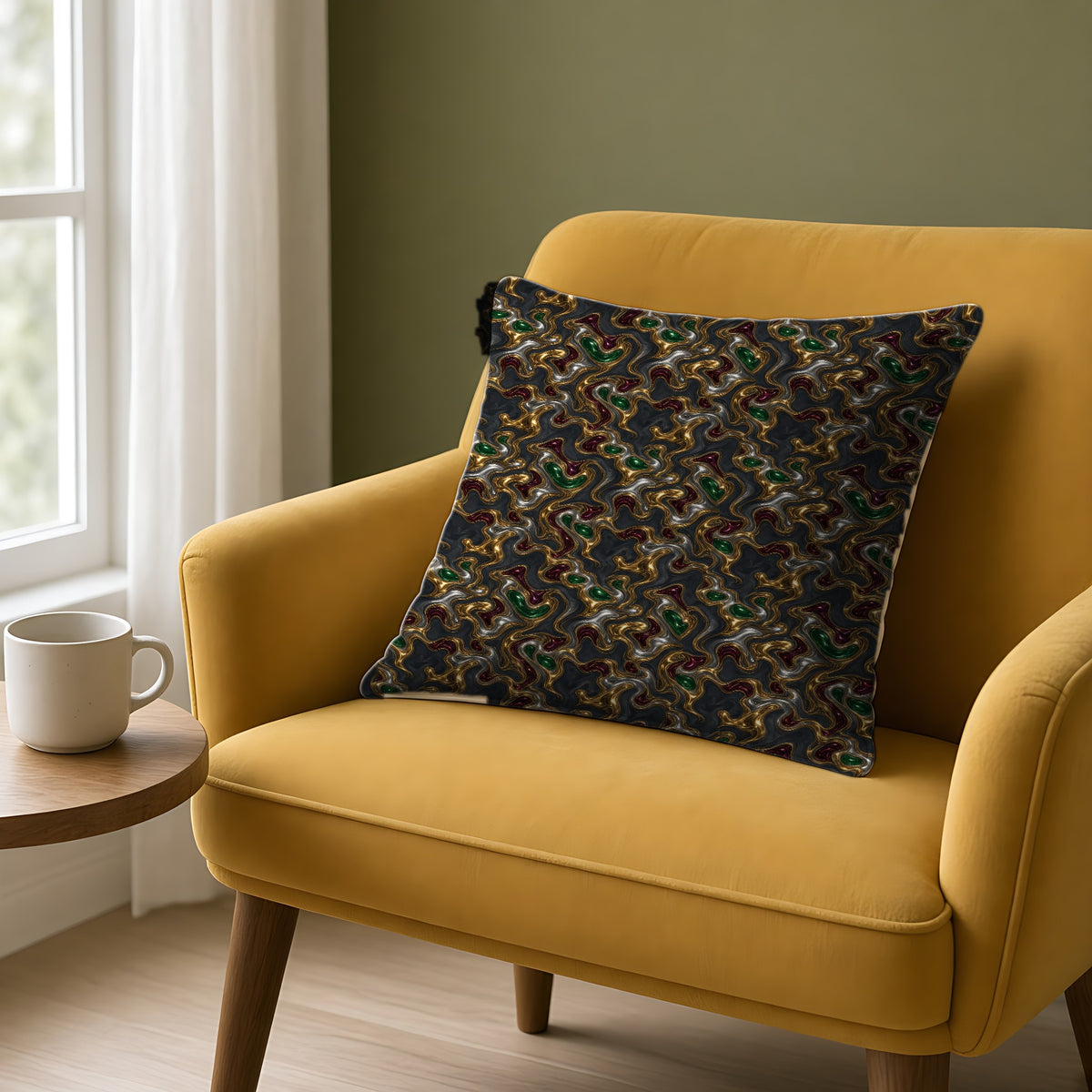 Gold Silver Ripples Faux Suede Cushion on a mustard armchair by a window