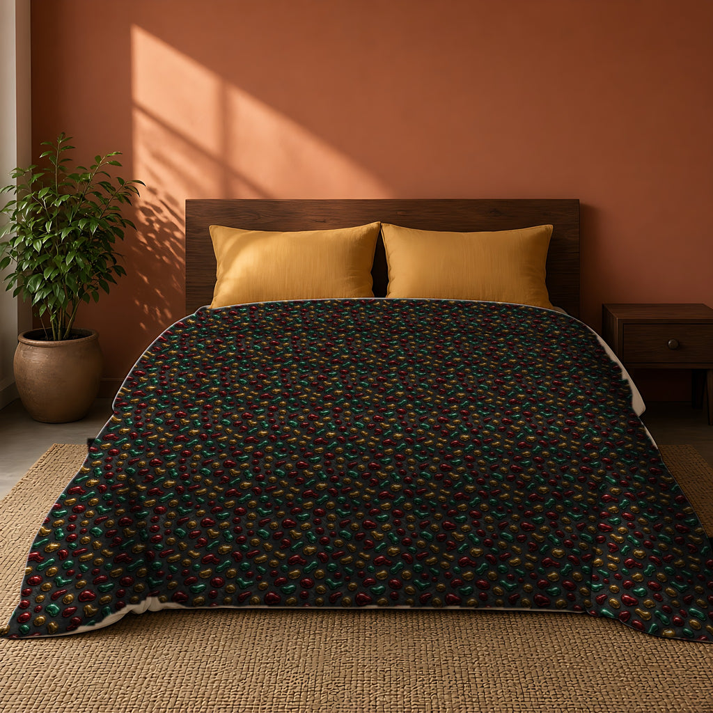 Garnet Emerald Blobs Comforter on a king bed against a warm terracotta wall
