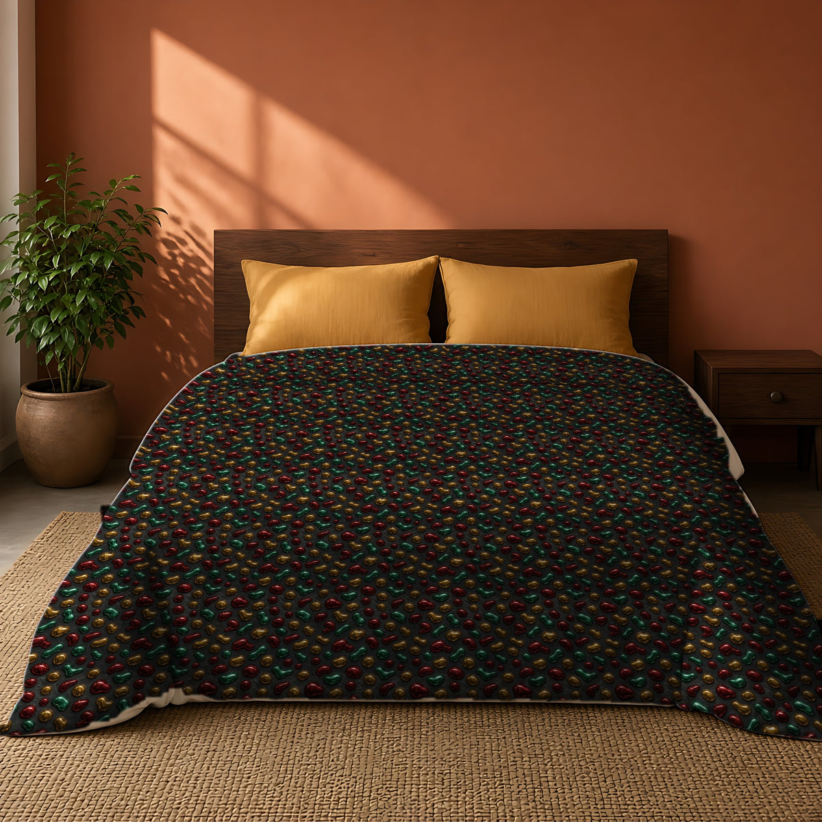 Garnet Emerald Blobs Comforter on a king bed against a warm terracotta wall