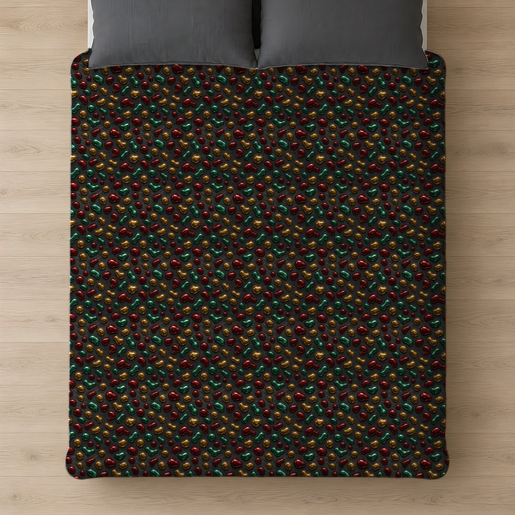 Garnet Emerald Blobs Comforter on a bed, seen from above