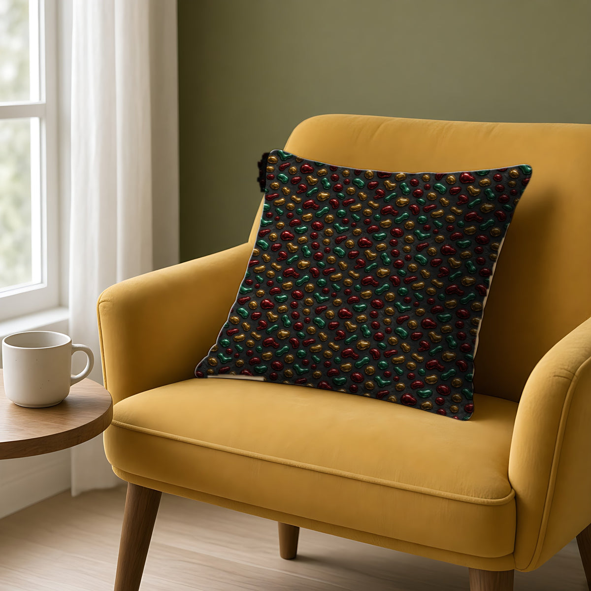 Garnet Emerald Blobs Faux Suede Cushion on a mustard armchair by a window