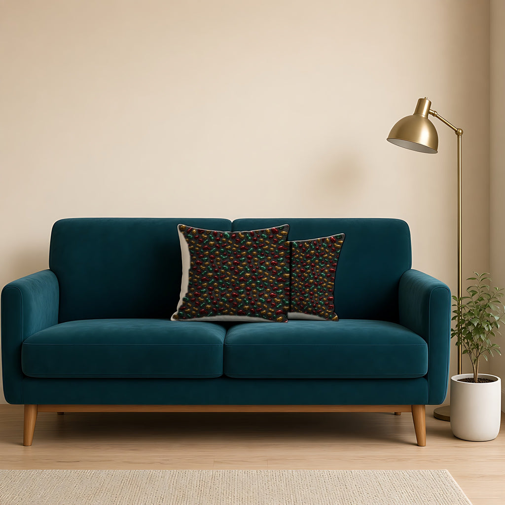 Garnet Emerald Blobs Faux Suede Cushion on a teal velvet sofa