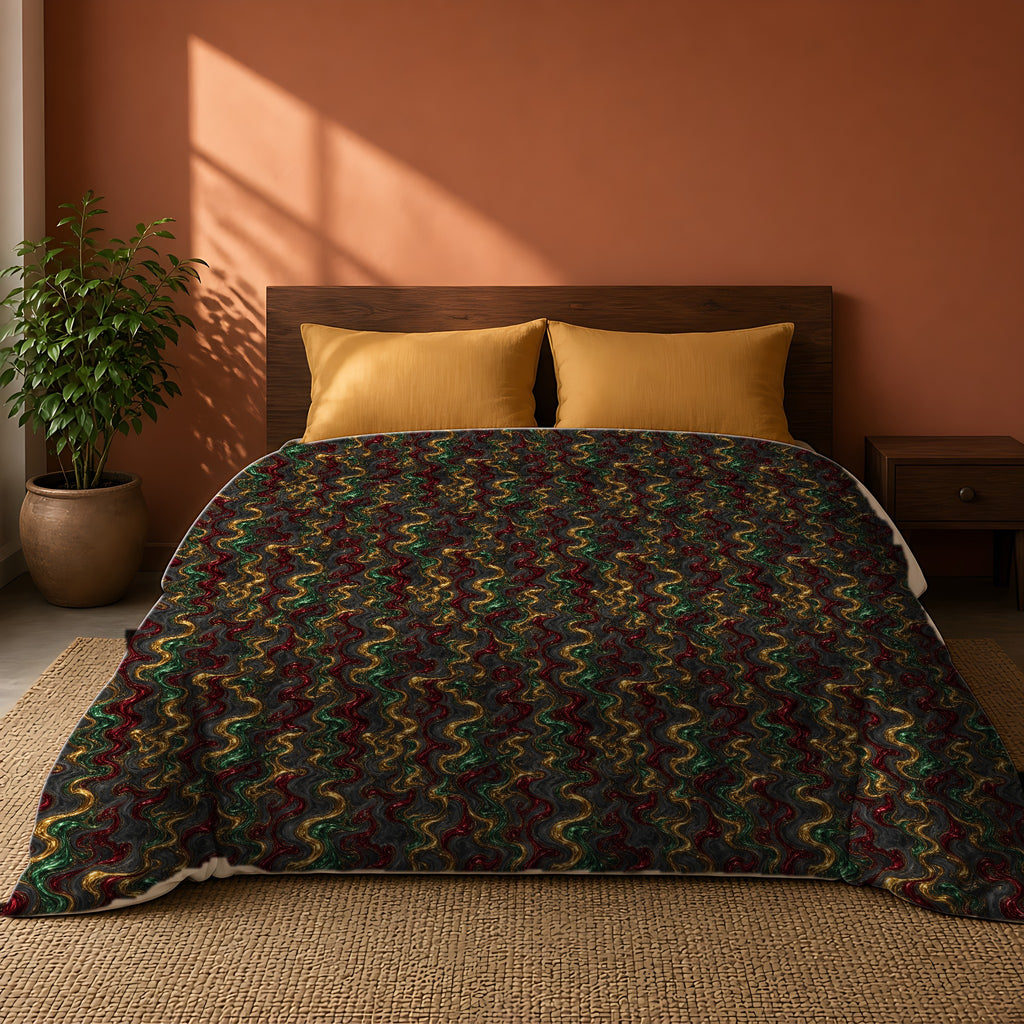 Jewel Metal Swirl Comforter on a king bed against a warm terracotta wall