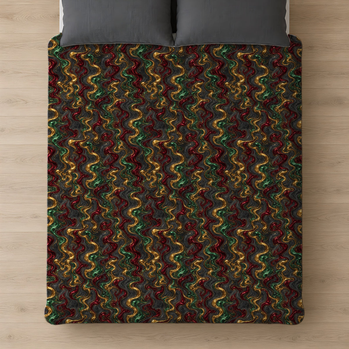 Jewel Metal Swirl Comforter on a bed, seen from above