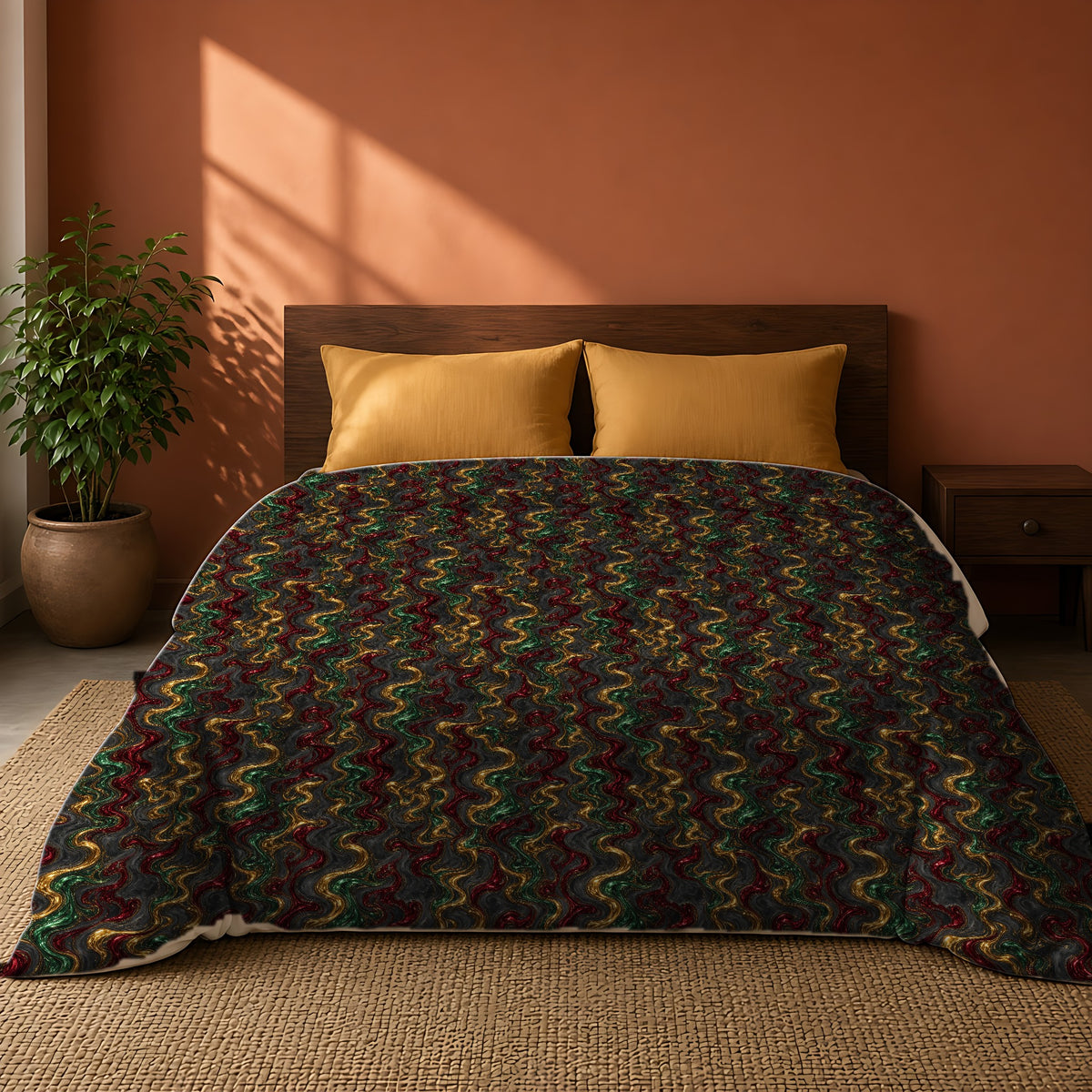Jewel Metal Swirl Cotton Duvet Cover on a king bed against a warm terracotta wall