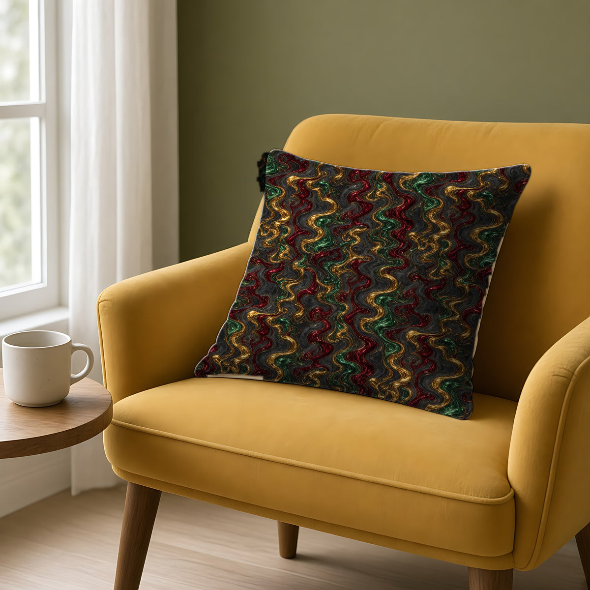Jewel Metal Swirl Faux Suede Cushion on a mustard armchair by a window