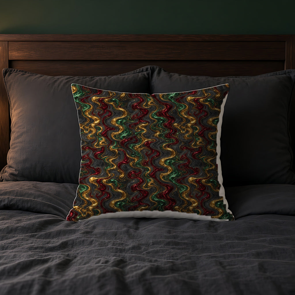 Jewel Metal Swirl Faux Suede Cushion on a bed with charcoal bedding