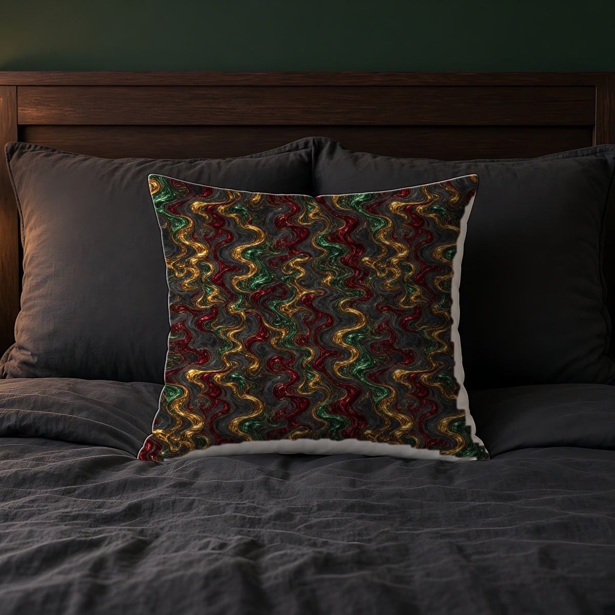 Jewel Metal Swirl Faux Suede Cushion on a bed with charcoal bedding