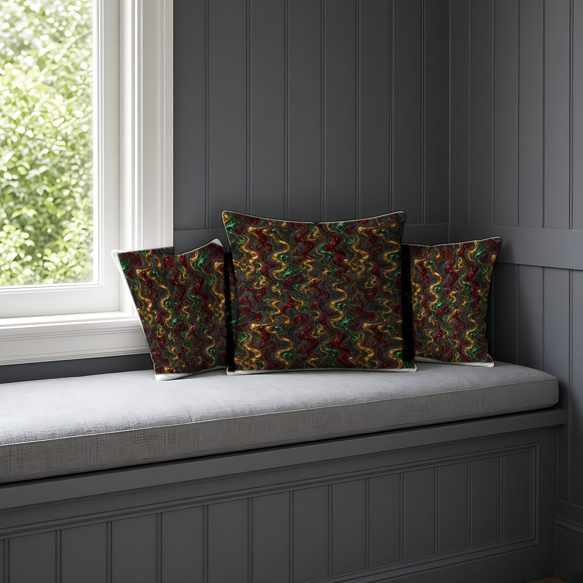 Jewel Metal Swirl Faux Suede Cushion on a window seat