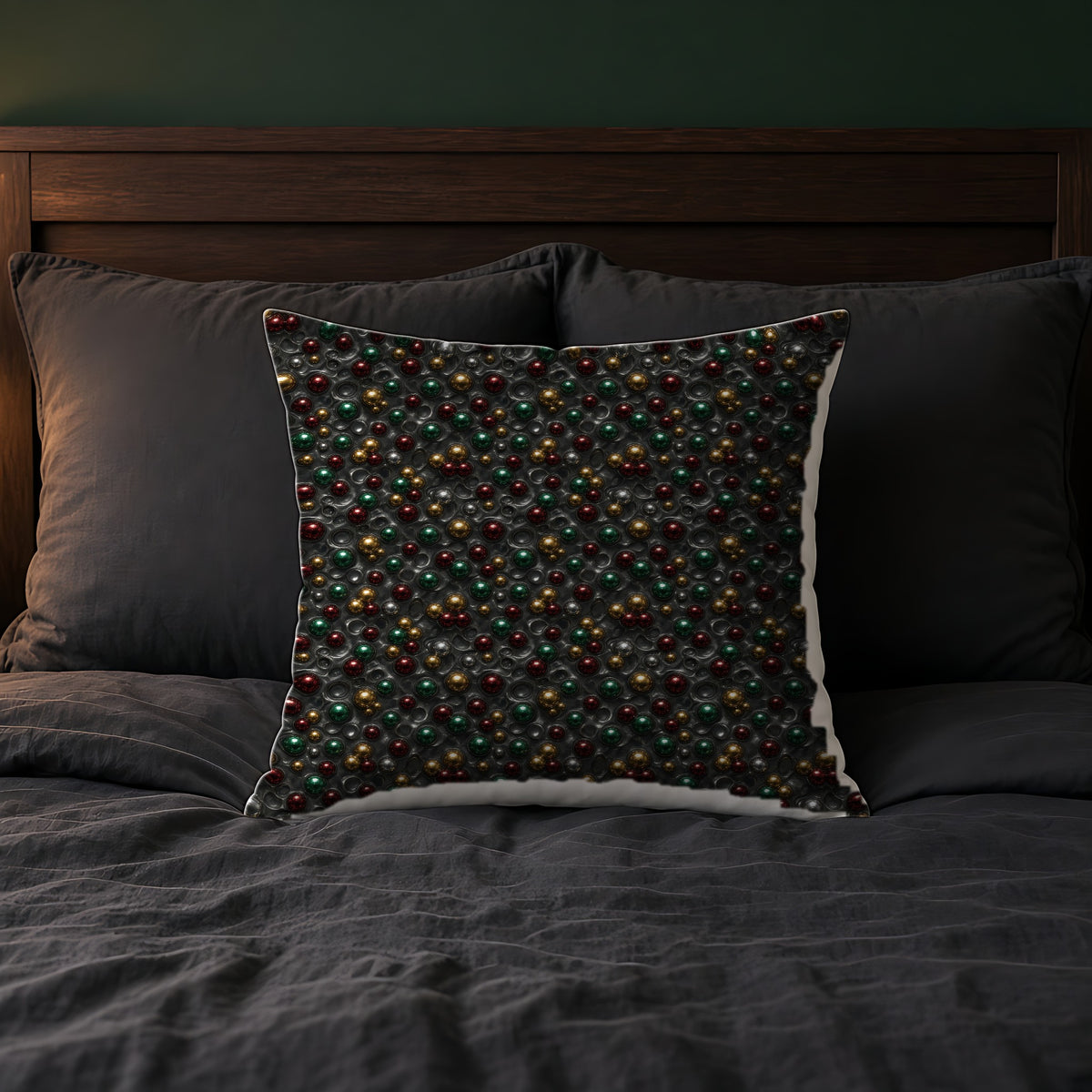 Jewel Bubble Clusters Faux Suede Cushion on a bed with charcoal bedding