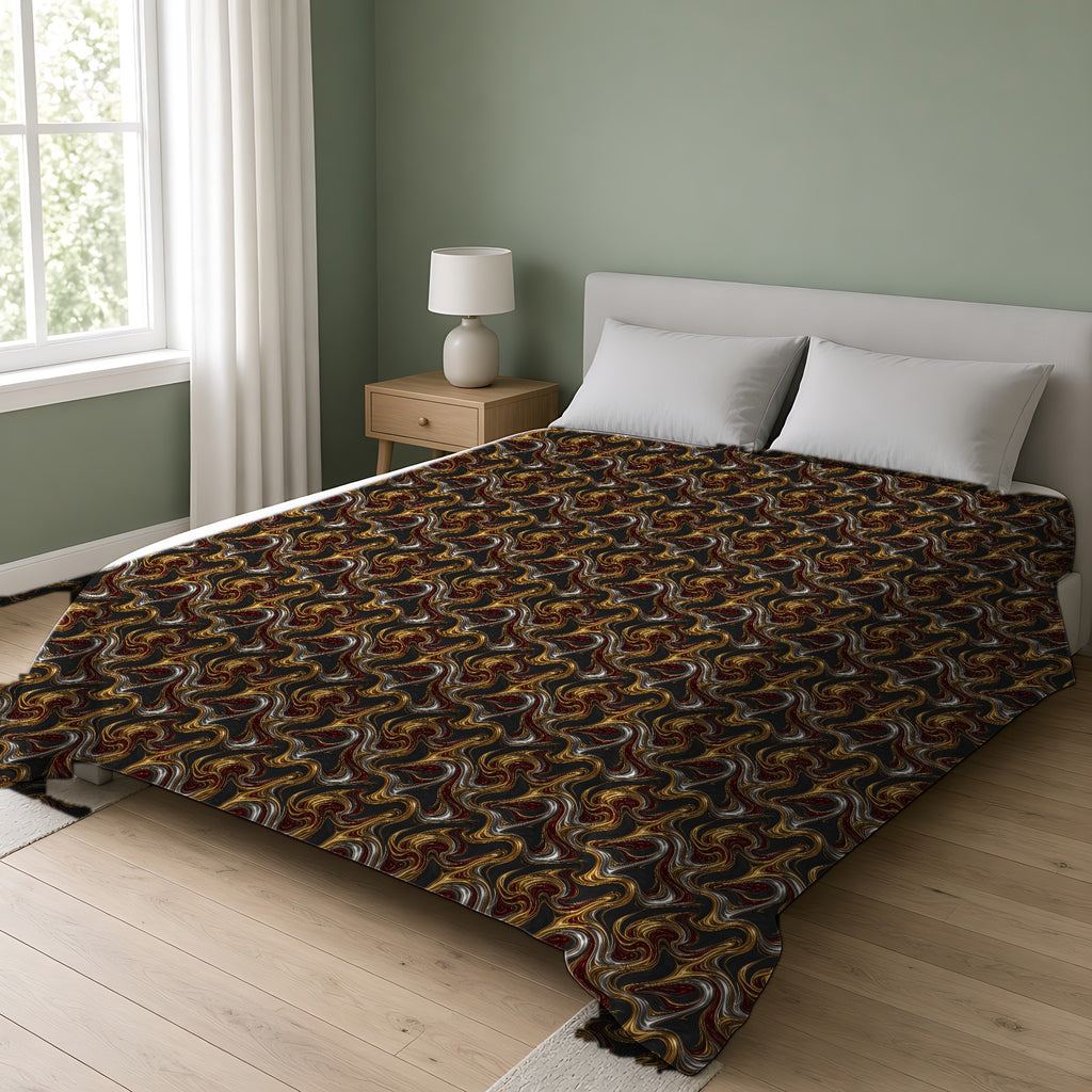 Melting Gold Ribbons Cotton Duvet Cover on a double bed in a bright sage-green bedroom