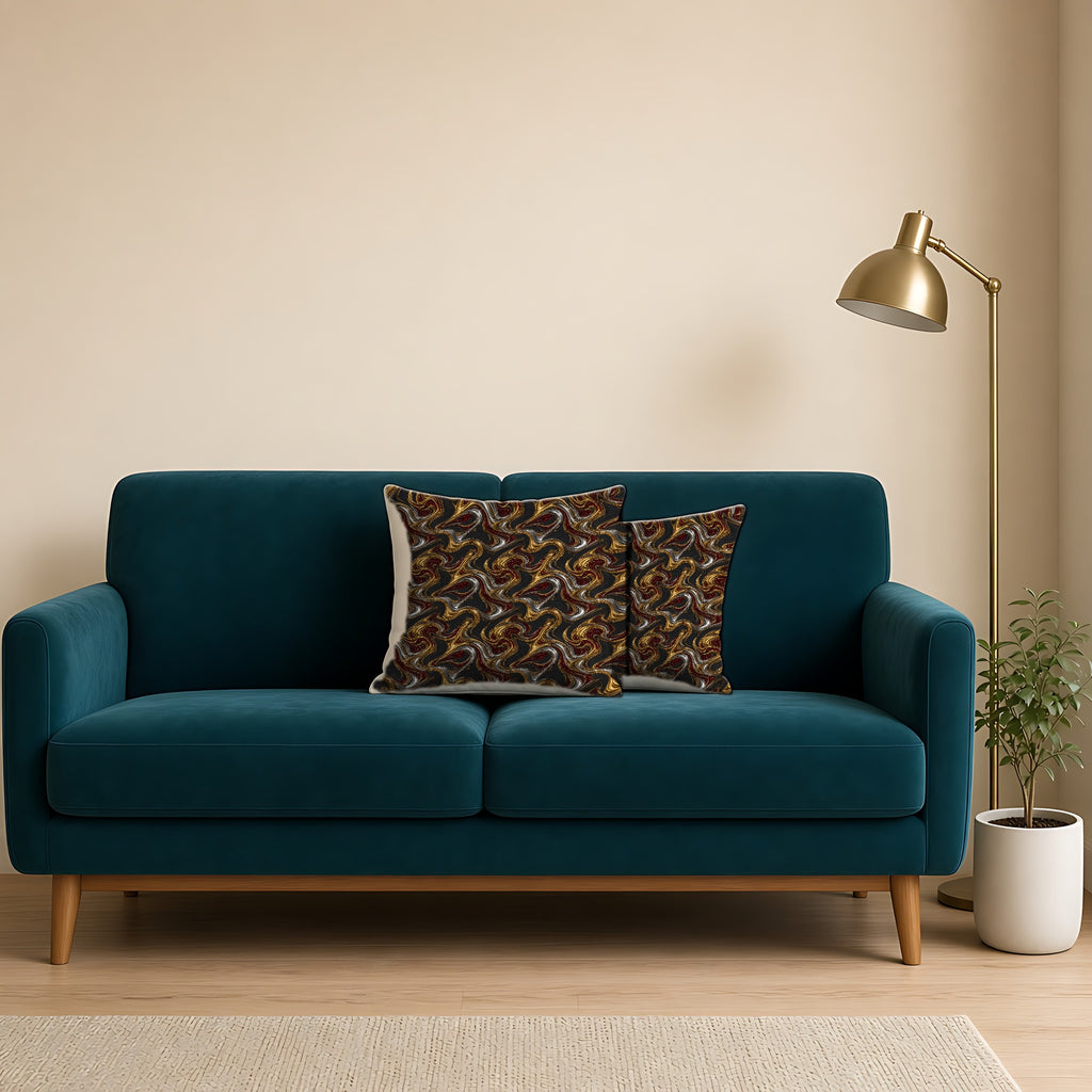 Melting Gold Ribbons Faux Suede Cushion on a teal velvet sofa