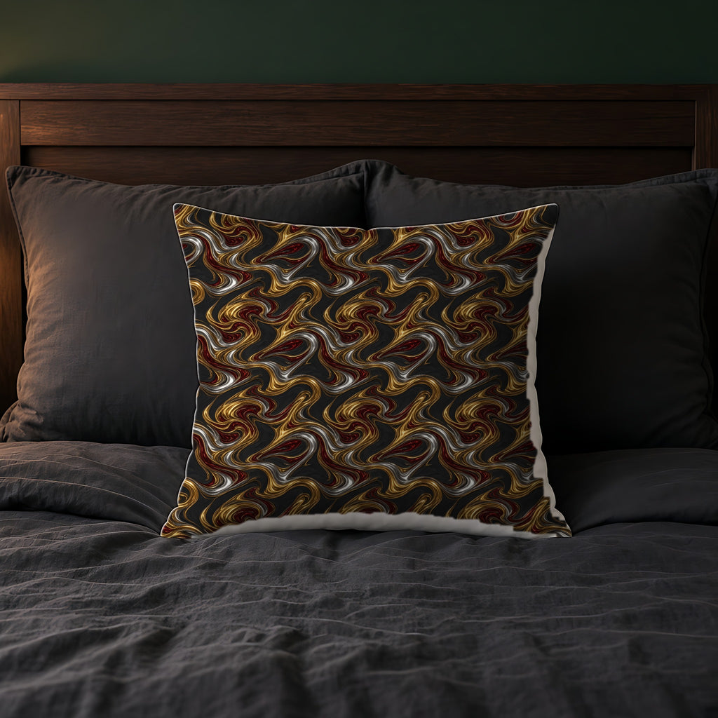 Melting Gold Ribbons Faux Suede Cushion on a bed with charcoal bedding
