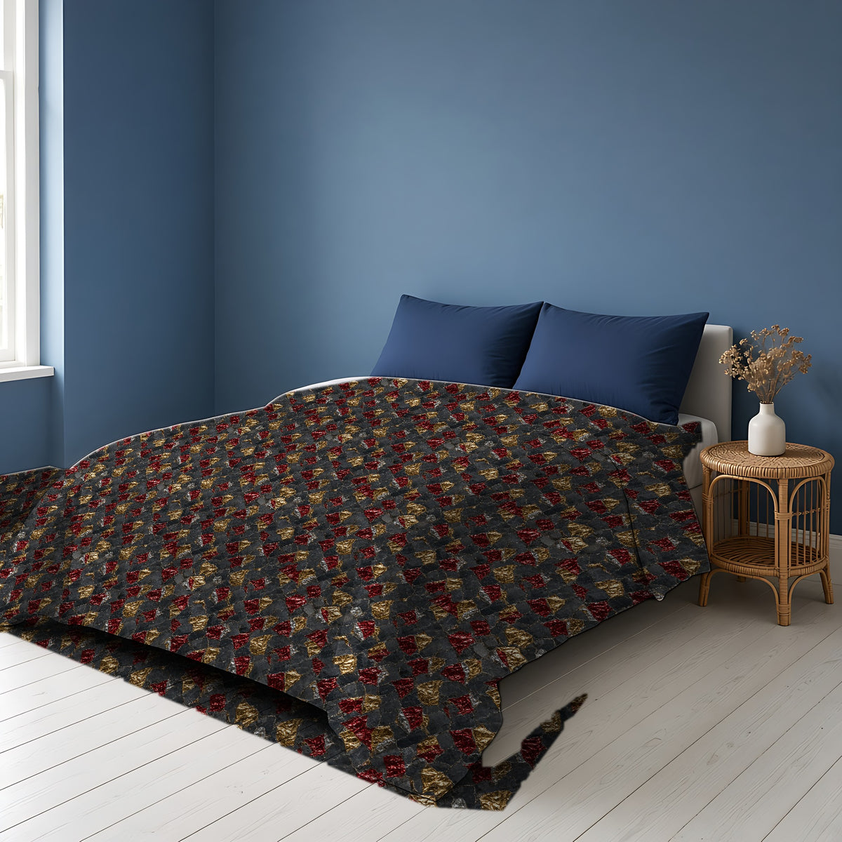 Garnet Gold Foil Comforter on a bed in a Scandinavian blue bedroom