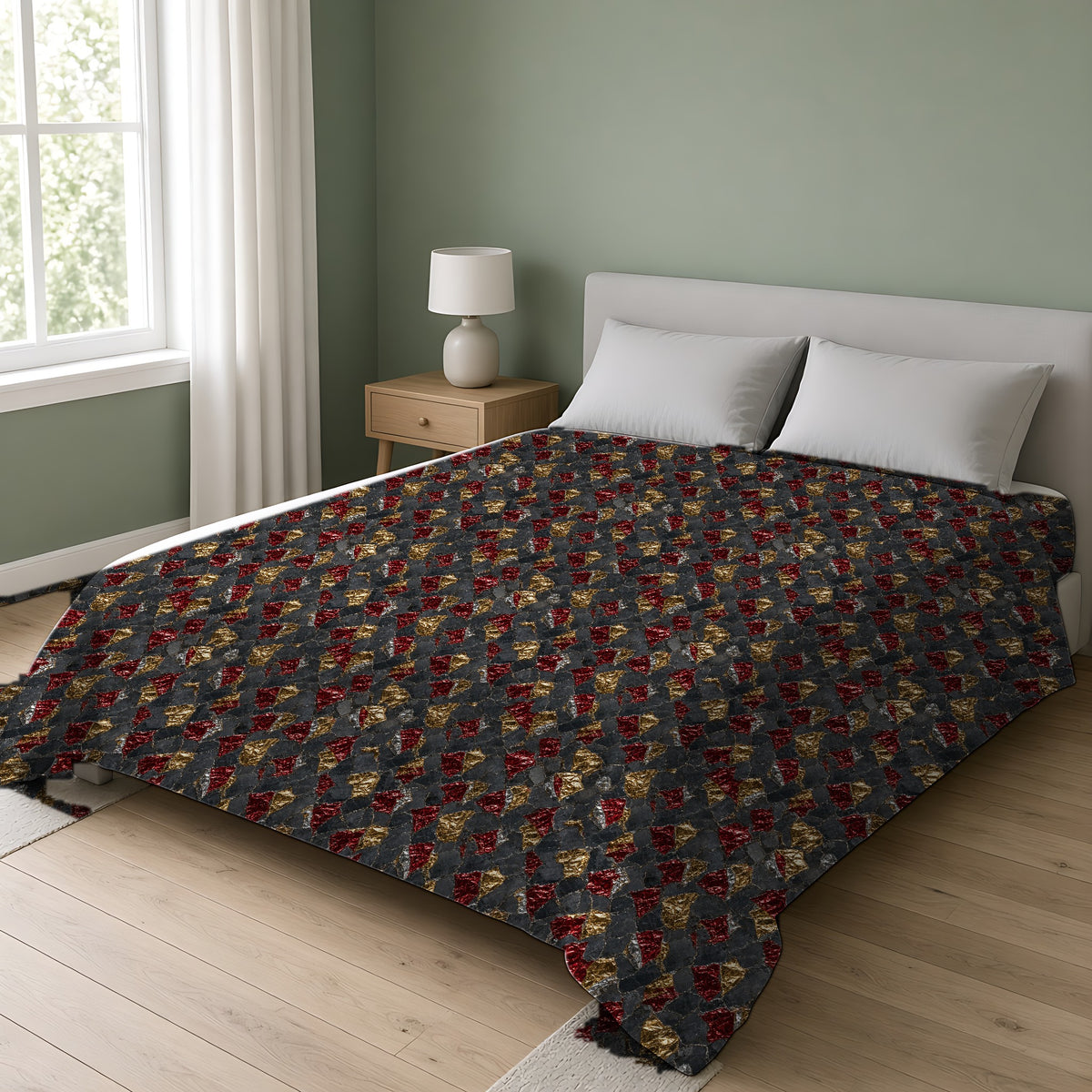 Garnet Gold Foil Cotton Duvet Cover on a double bed in a bright sage-green bedroom