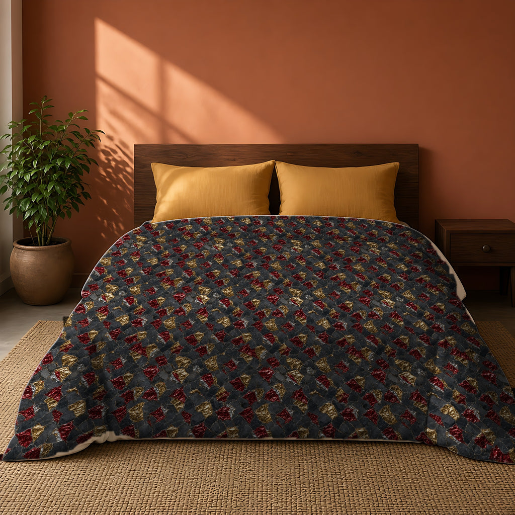 Garnet Gold Foil Cotton Duvet Cover on a king bed against a warm terracotta wall