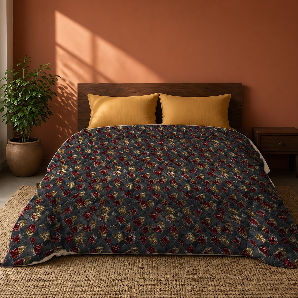 Garnet Gold Foil Cotton Duvet Cover on a king bed against a warm terracotta wall