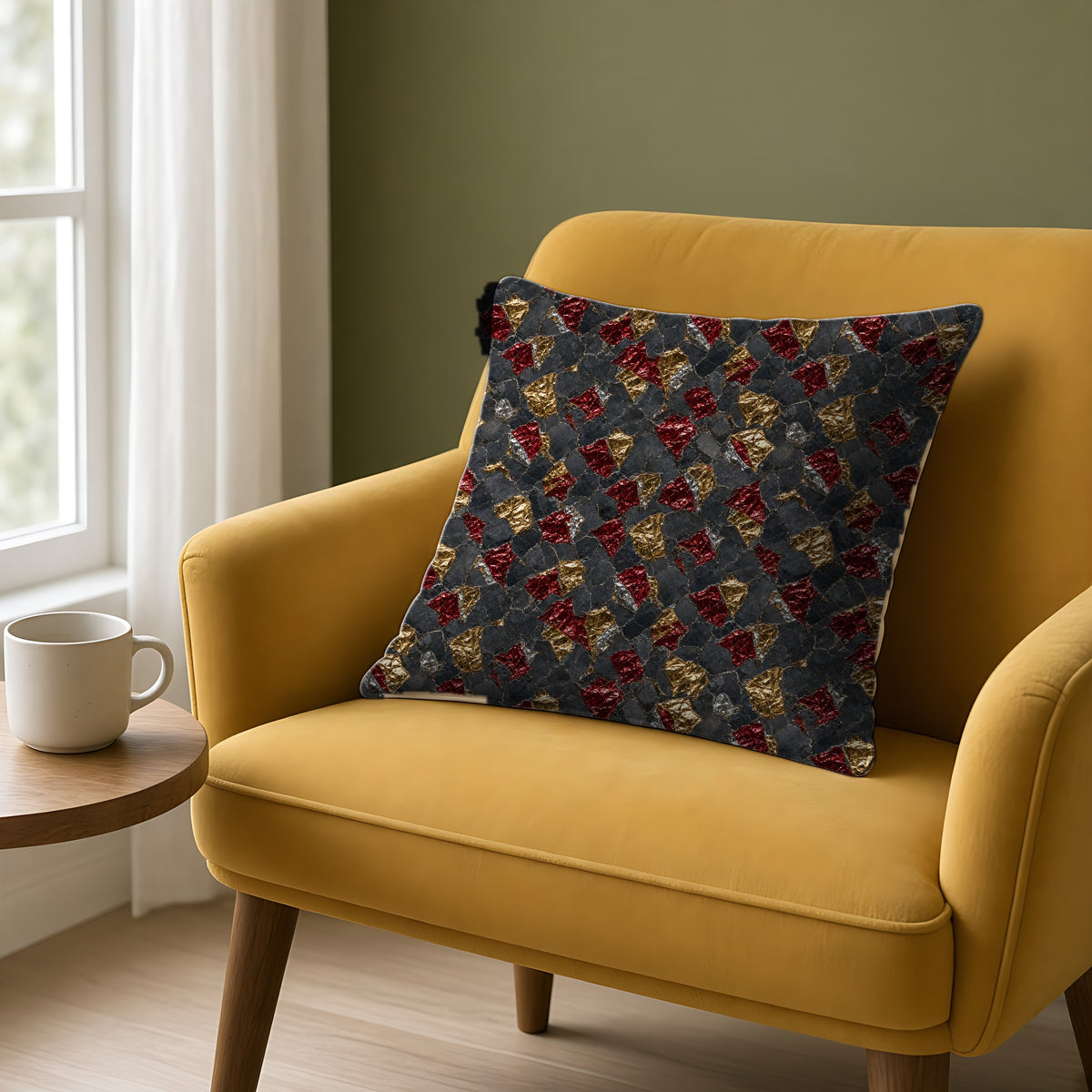 Garnet Gold Foil Faux Suede Cushion on a mustard armchair by a window