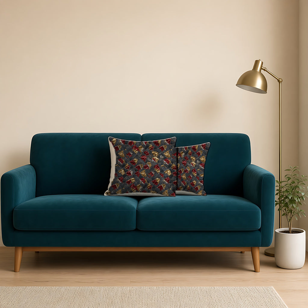 Garnet Gold Foil Faux Suede Cushion on a teal velvet sofa
