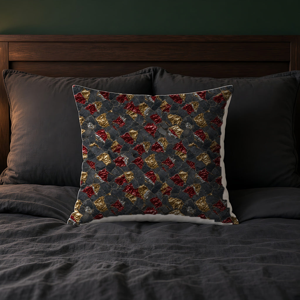 Garnet Gold Foil Faux Suede Cushion on a bed with charcoal bedding