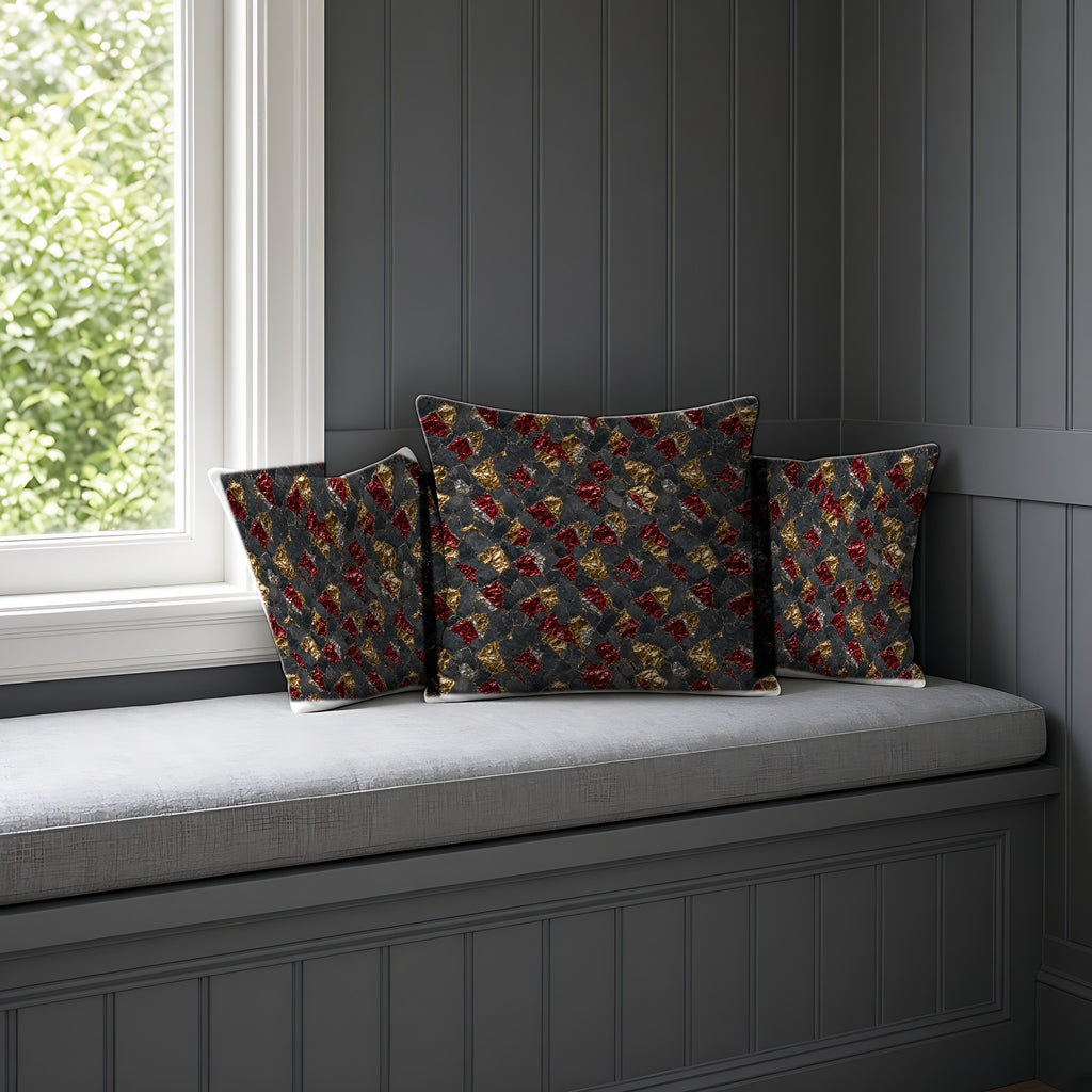 Garnet Gold Foil Faux Suede Cushion on a window seat