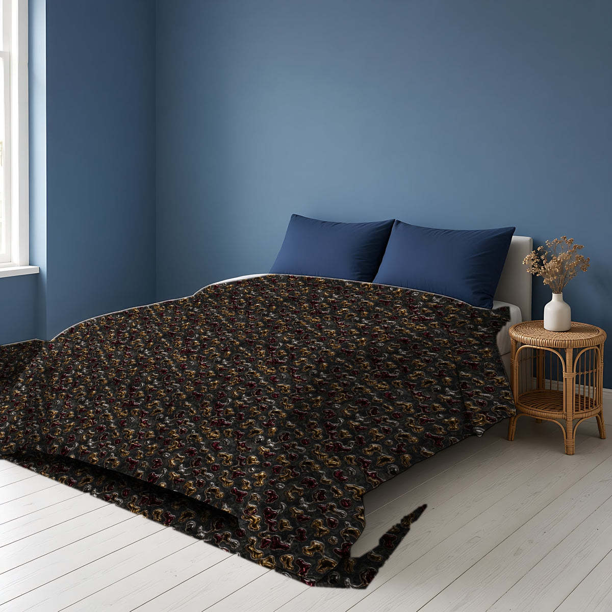 Merging Gold Puddles Comforter on a bed in a Scandinavian blue bedroom