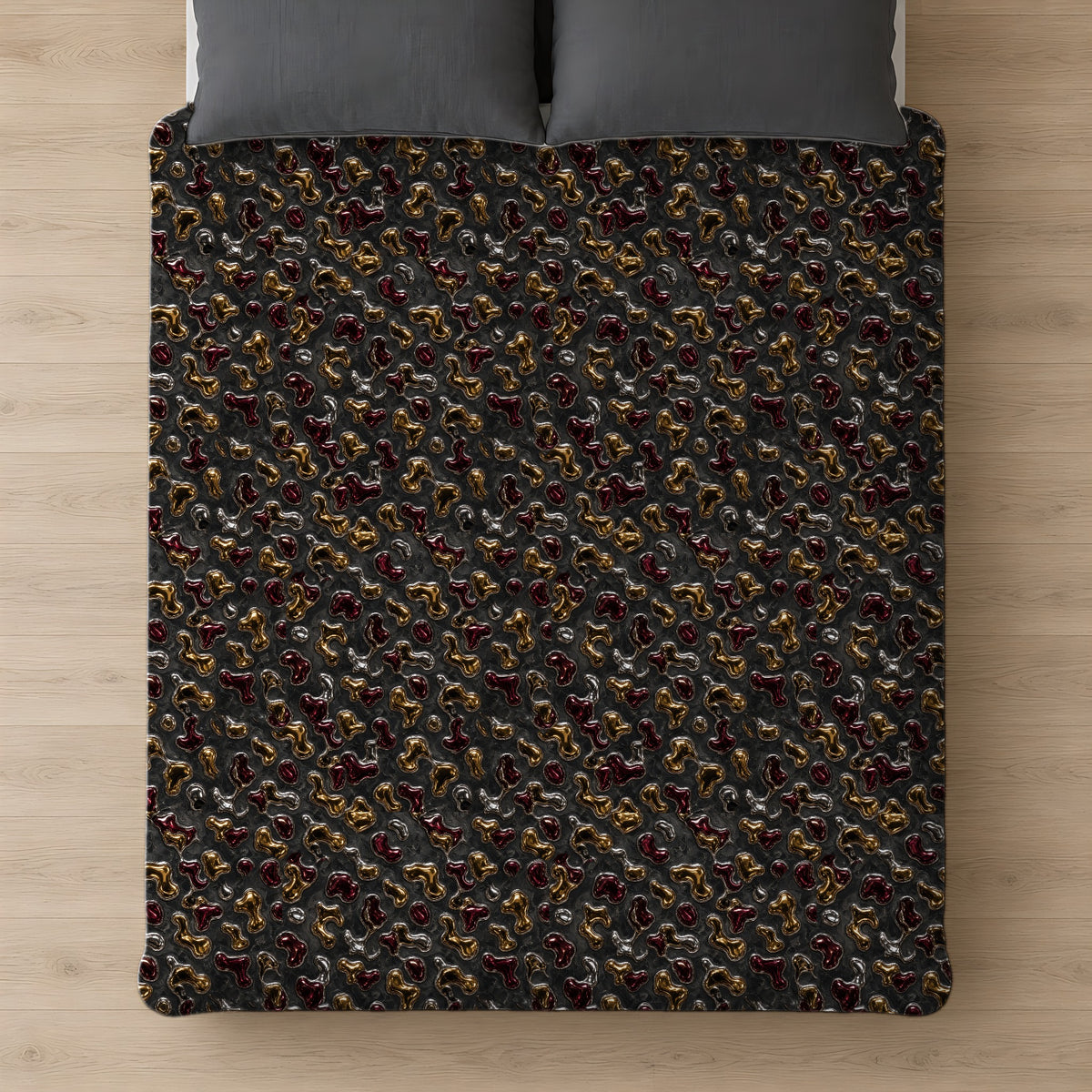 Merging Gold Puddles Comforter on a bed, seen from above