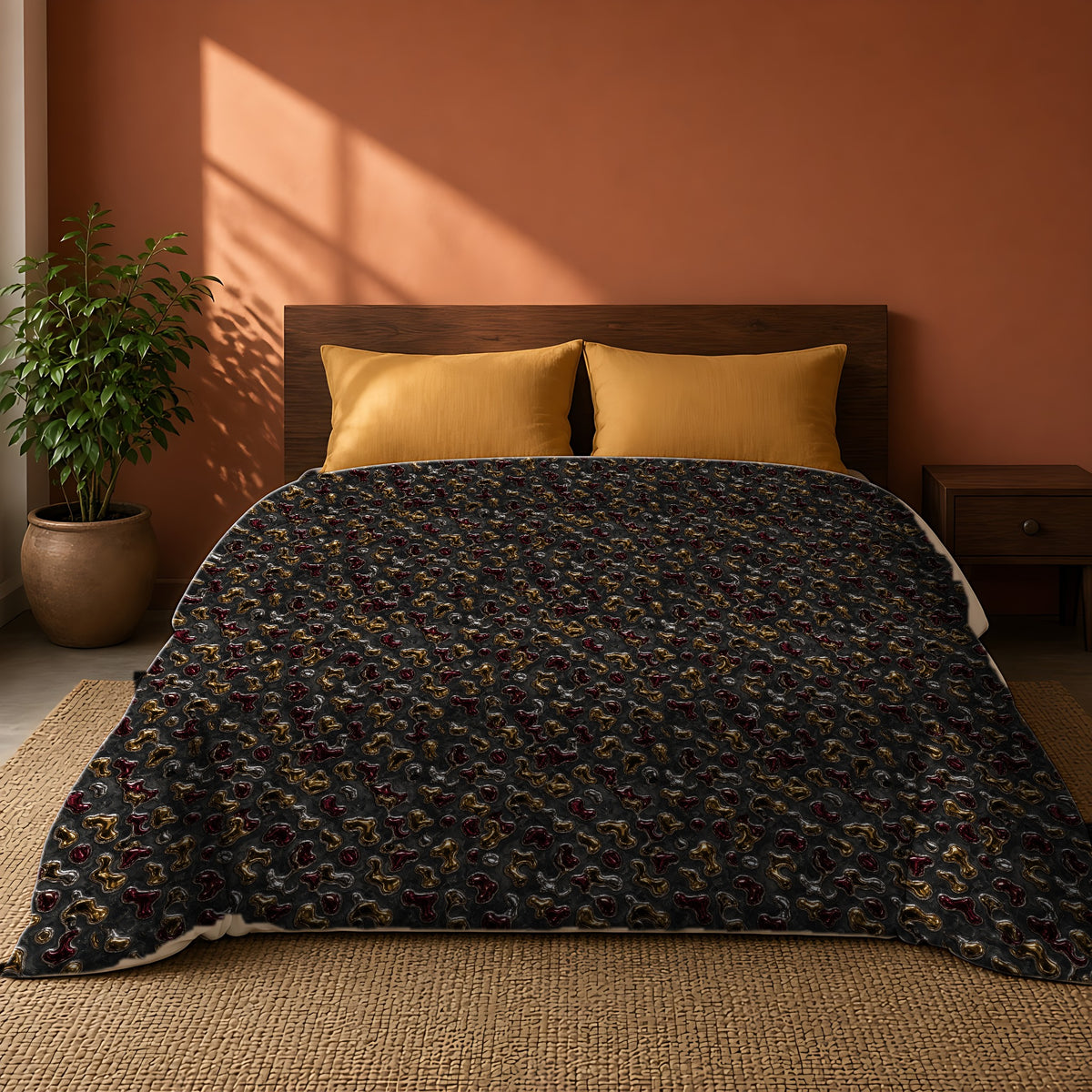 Merging Gold Puddles Cotton Duvet Cover on a king bed against a warm terracotta wall