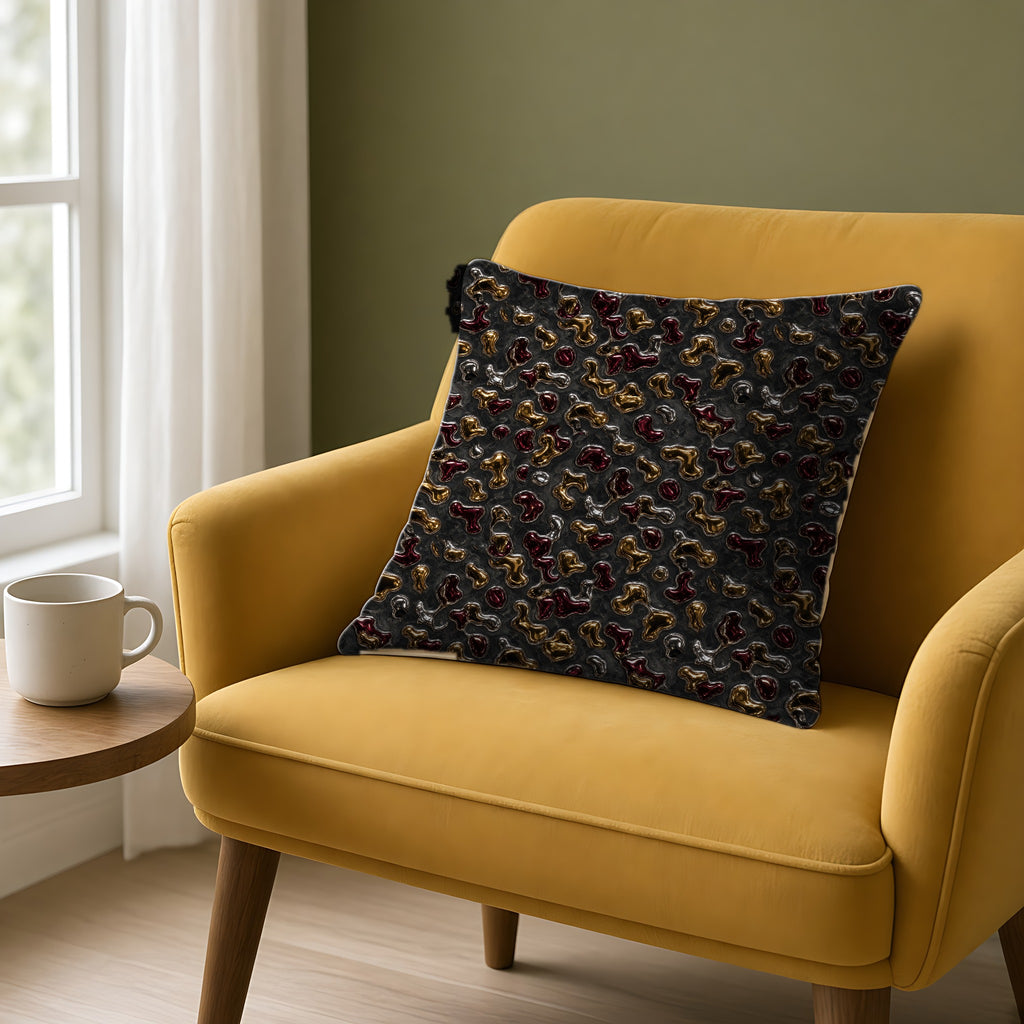 Merging Gold Puddles Faux Suede Cushion on a mustard armchair by a window