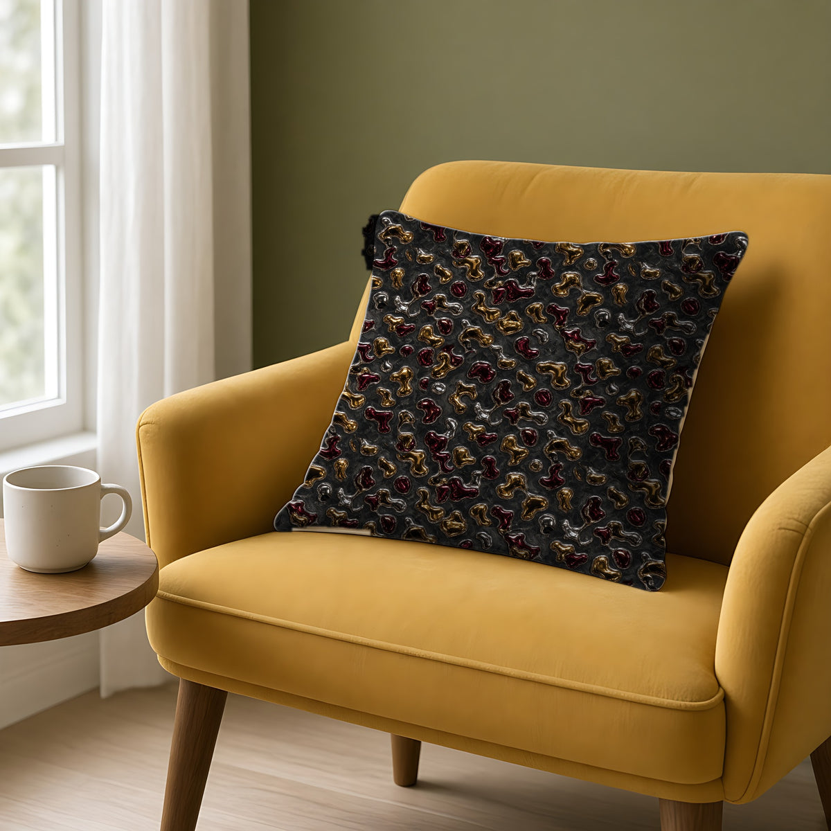 Merging Gold Puddles Faux Suede Cushion on a mustard armchair by a window