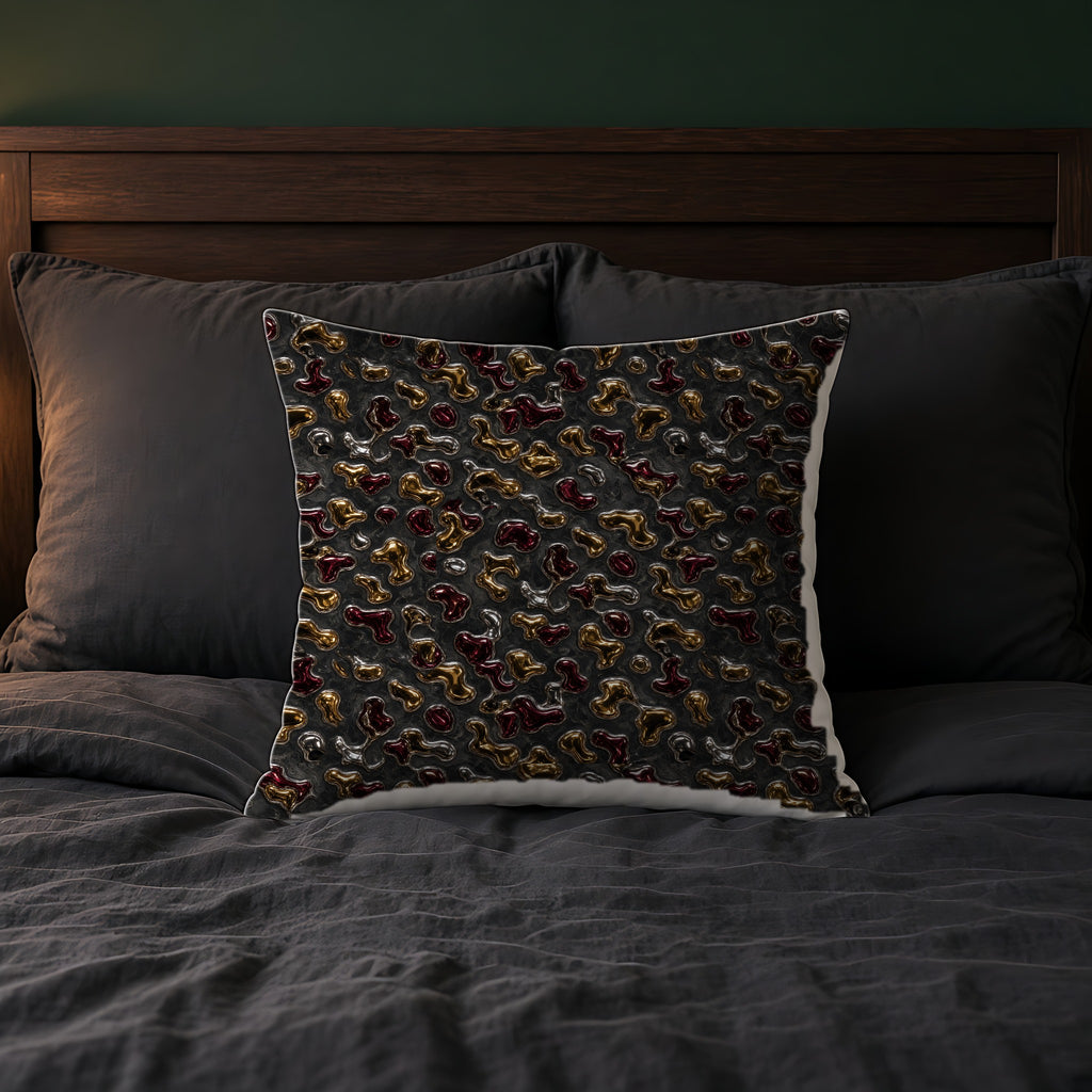 Merging Gold Puddles Faux Suede Cushion on a bed with charcoal bedding