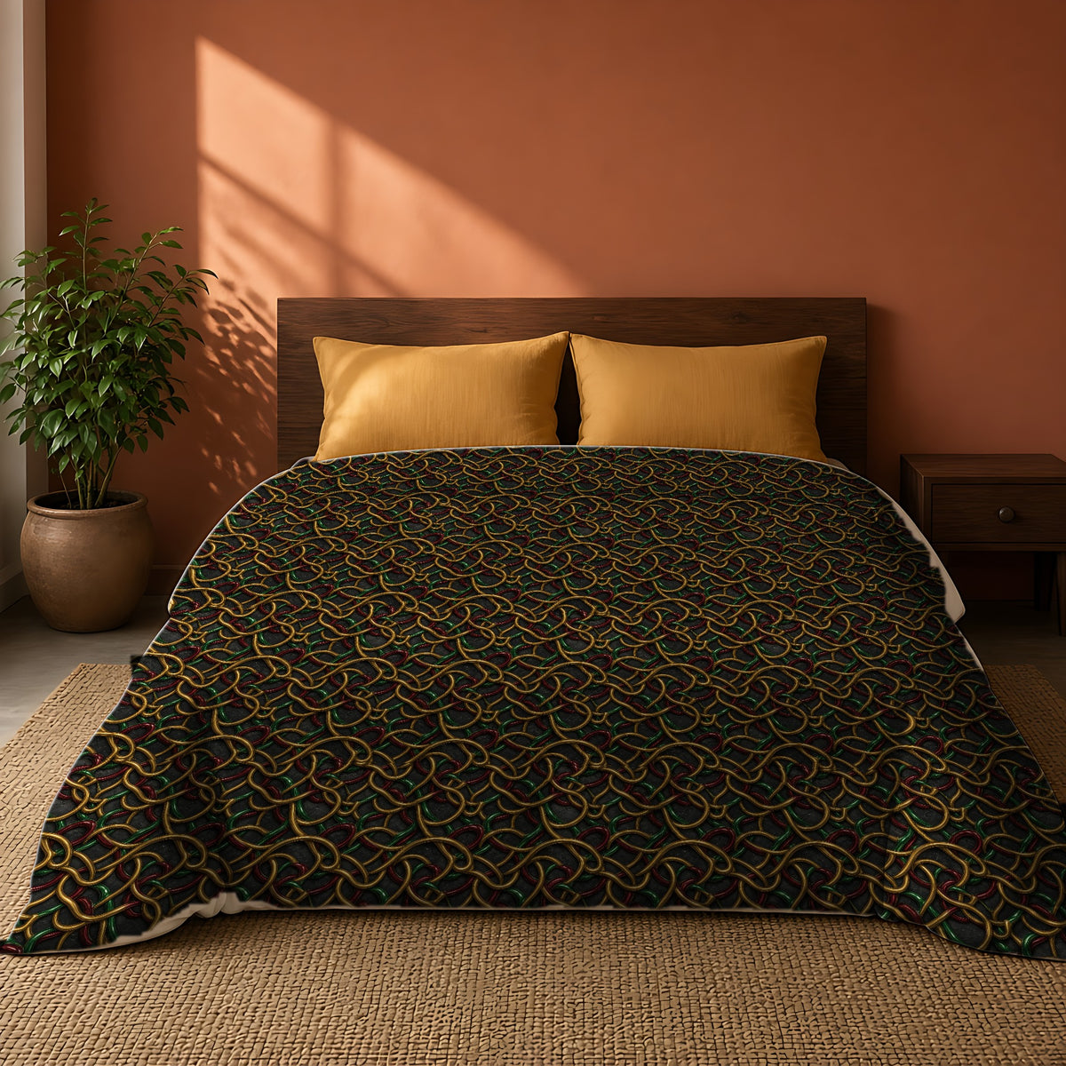Jewel Metal Weave Comforter on a king bed against a warm terracotta wall