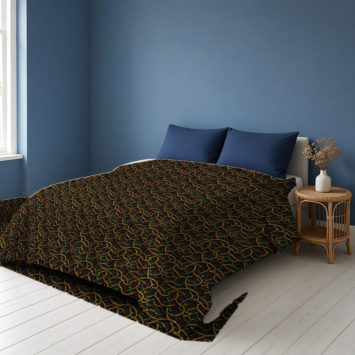 Jewel Metal Weave Comforter on a bed in a Scandinavian blue bedroom