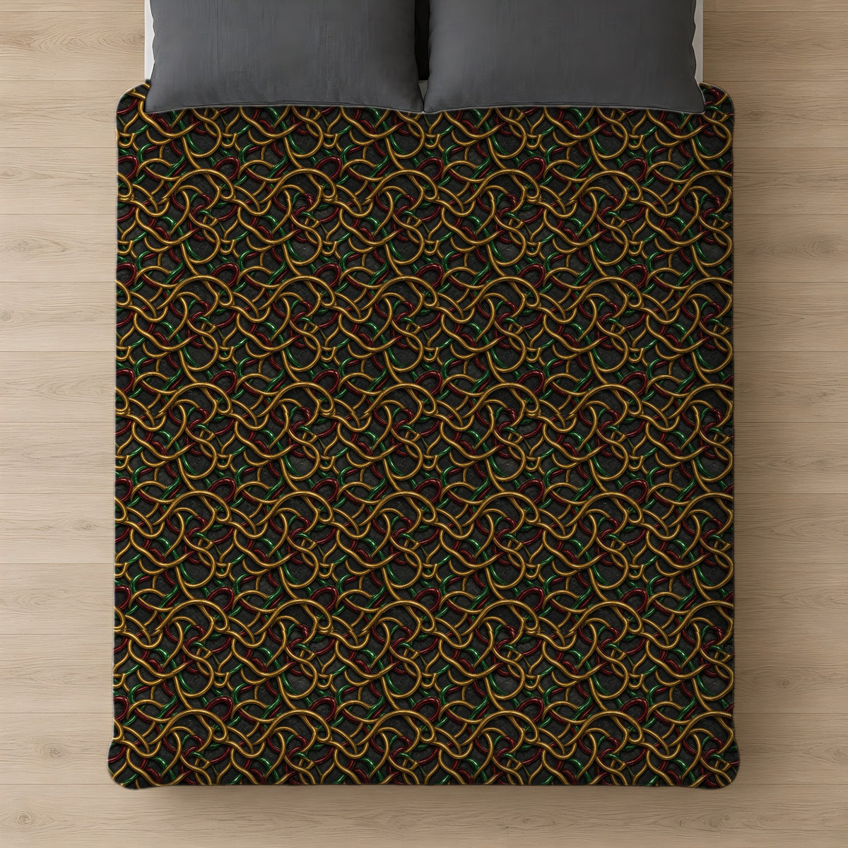 Jewel Metal Weave Comforter on a bed, seen from above