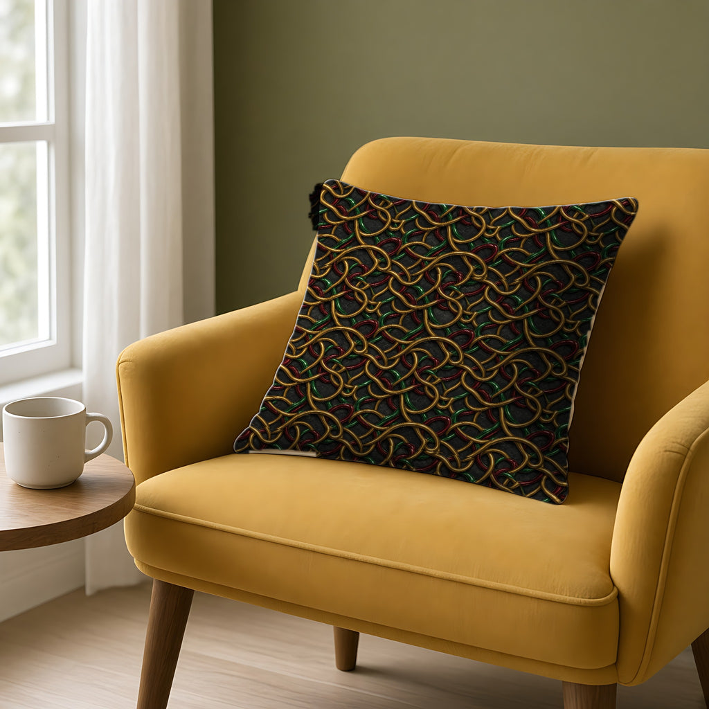 Jewel Metal Weave Faux Suede Cushion on a mustard armchair by a window