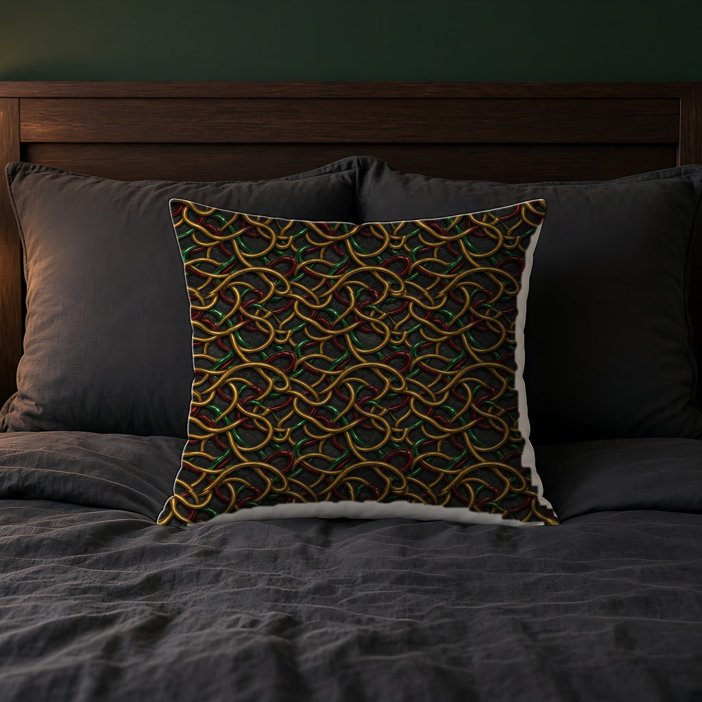 Jewel Metal Weave Faux Suede Cushion on a bed with charcoal bedding
