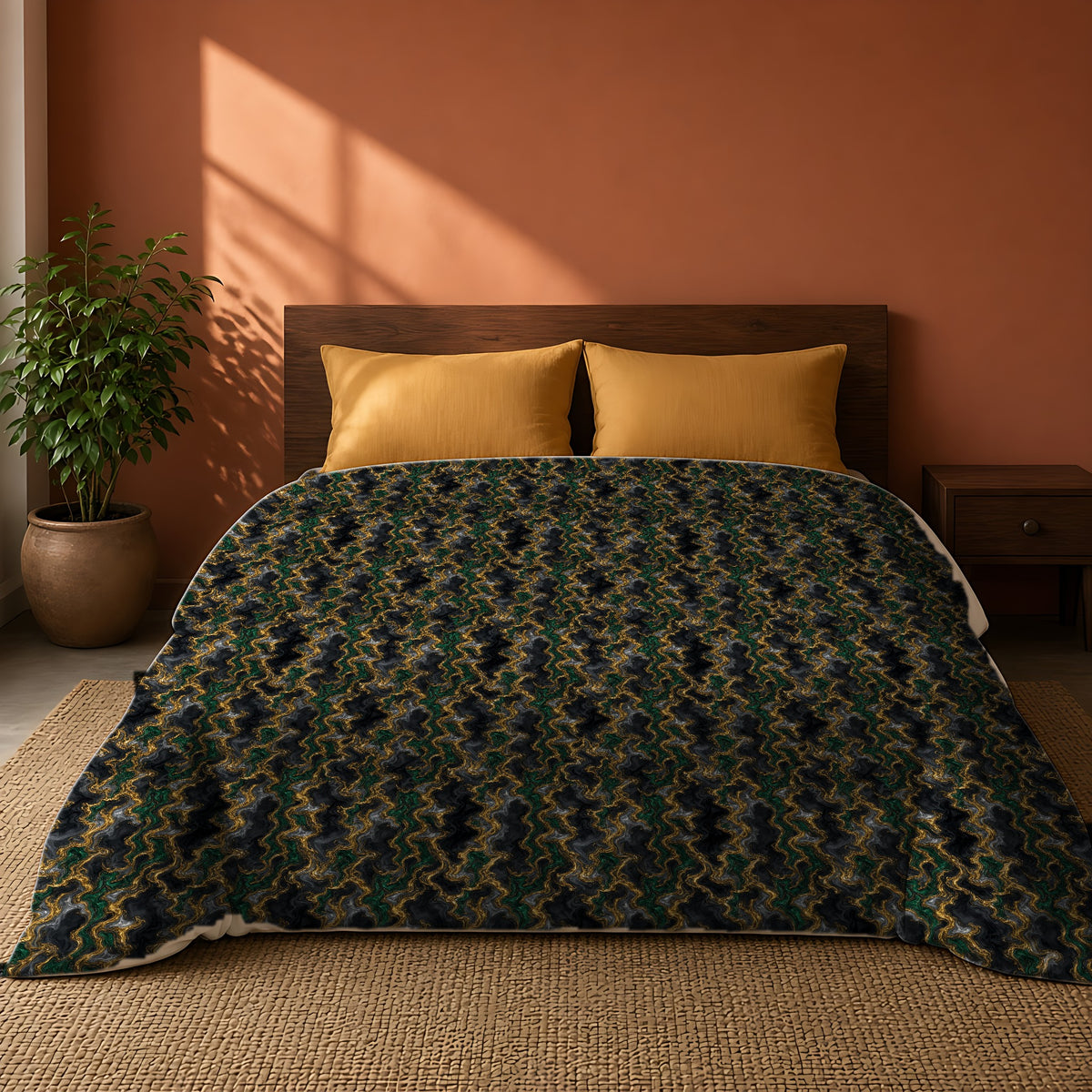 Molten Gold Marble Comforter on a king bed against a warm terracotta wall