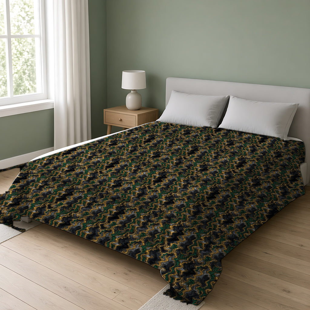 Molten Gold Marble Comforter on a double bed in a bright sage-green bedroom