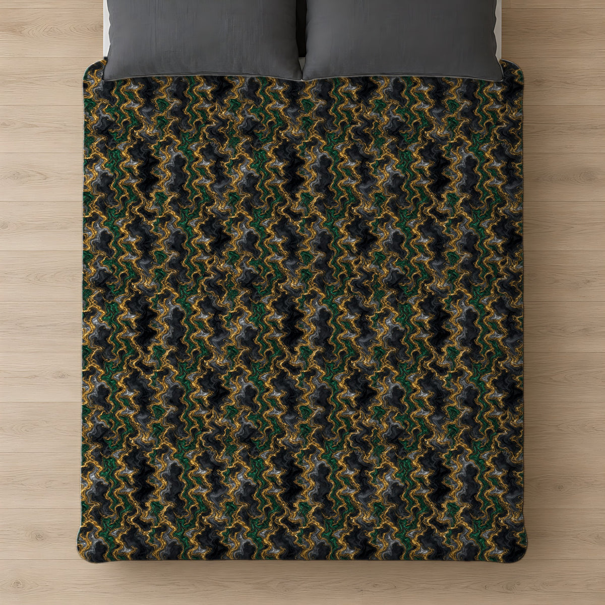 Molten Gold Marble Cotton Duvet Cover on a bed, seen from above