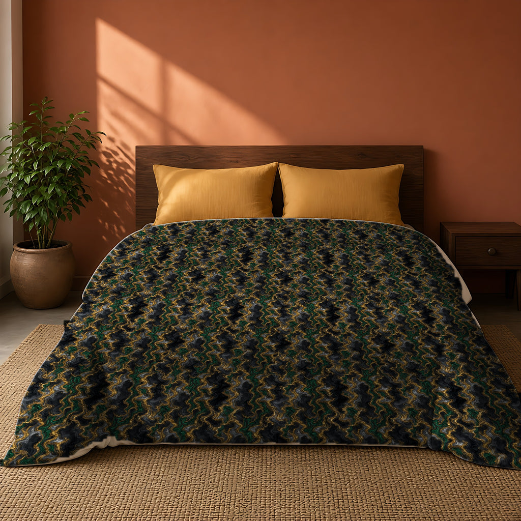 Molten Gold Marble Cotton Duvet Cover on a king bed against a warm terracotta wall